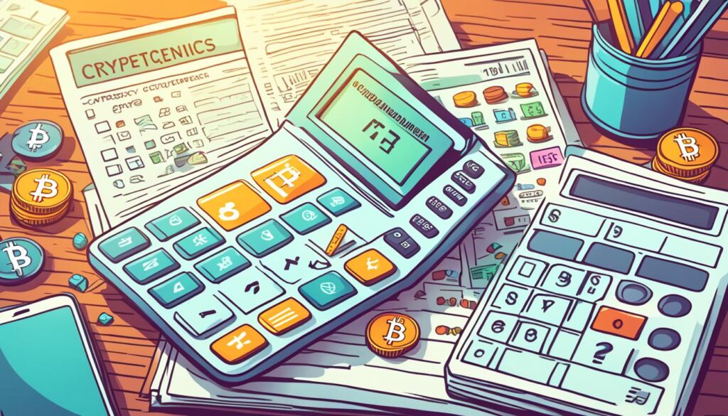 Calculadora com dinheiro e ícones de criptomoedas